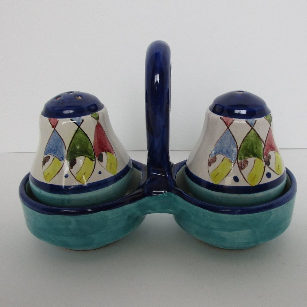 hand painted Italian ceramic salt & pepper set w/matching caddy